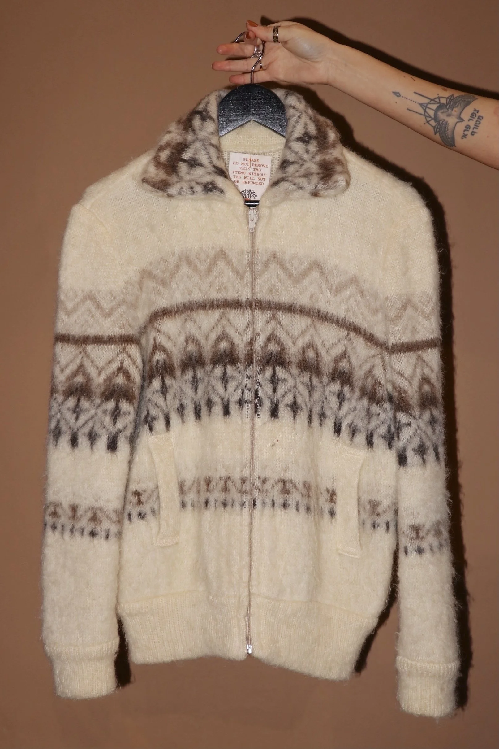 VINTAGE 70S ZIP UP WOOL NORDIC FOLK CREAM CARDIGAN - MEDIUM